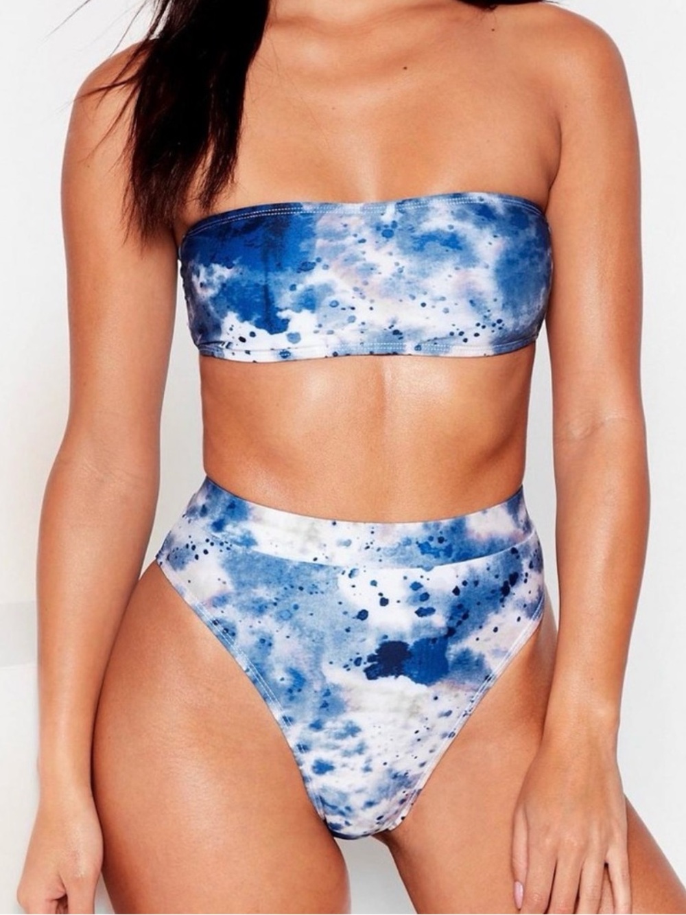 Nasty Gal Blue Tie-Dye Bandeau High-Waist Bikini